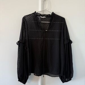 Mango Sheer Black Long Sleeve Top with Polka Dot Detail